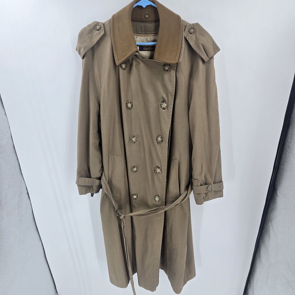 Brooks Brothers Trench Coat Wool Brown Collar 44R Beige Wool Lined Belted USA
